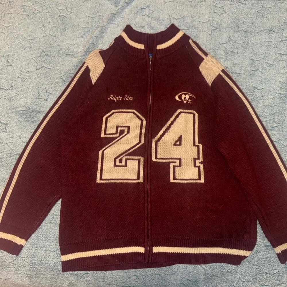 Aelfric Eden Maroon Zip-Up Varsity Sweater with Beige Accents